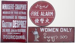 A collection of enamel signs: WOMEN ONLY ex Burma Railways Coach, 18in x 6in; FIRE ALARM, 10in