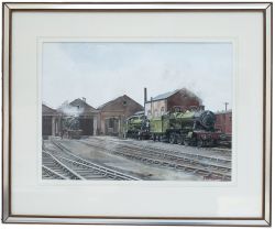 Original painting by Stella Whatley GRA of Penzance shed with GWR Hall 4-6-0 4908 Broome Hall