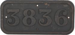 GWR cast iron cabside numberplate 3836 ex Churchward 2-8-0 built at Swindon in 1942. Allocated to