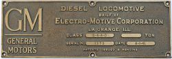 Worksplate GENERAL MOTORS DIESEL LOCOMOTIVE BUILT BY ELECTRO-MOTIVE-CORPORATION LA GRANGE, ILL.