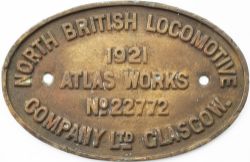 Worksplate NORTH BRITISH LOCOMOTIVE COMPANY LTD GLASGOW ATLAS WORKS No 22772 1921. Ex Kalabagh Bannu