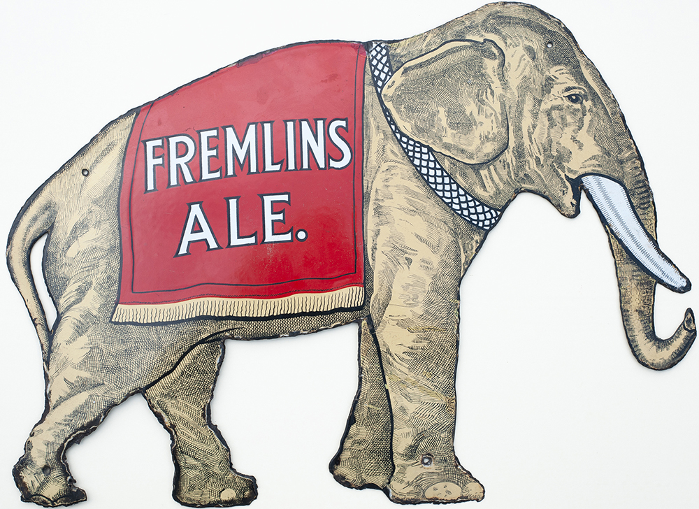 Advertising enamel sign FREMLINS ALES in the form of an elephant. In very good condition with