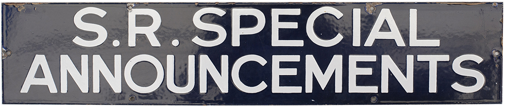 Southern Railway enamel poster board heading S.R. SPECIAL ANNOUNCEMENTS. In excellent condition