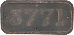 GWR cast iron cabside numberplate 3771 ex Collett 0-6-0PT built at Swindon in 1938. Allocated to 87F