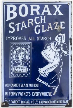 Advertising enamel sign BORAX STARCH GLAZE IMPROVES ALL STARCH. In very good condition with minor