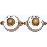 A pair of Southern Railway brass signal box Plungers with enamel identification rings UP No1 and