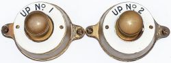 A pair of Southern Railway brass signal box Plungers with enamel identification rings UP No1 and