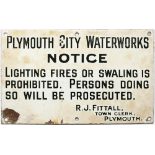 Enamel sign PLYMOUTH CITY WATERWORKS NOTICE LIGHTING FIRES OR SWALING IS PROHIBITED. PERSONS DOING