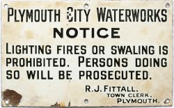 Enamel sign PLYMOUTH CITY WATERWORKS NOTICE LIGHTING FIRES OR SWALING IS PROHIBITED. PERSONS DOING
