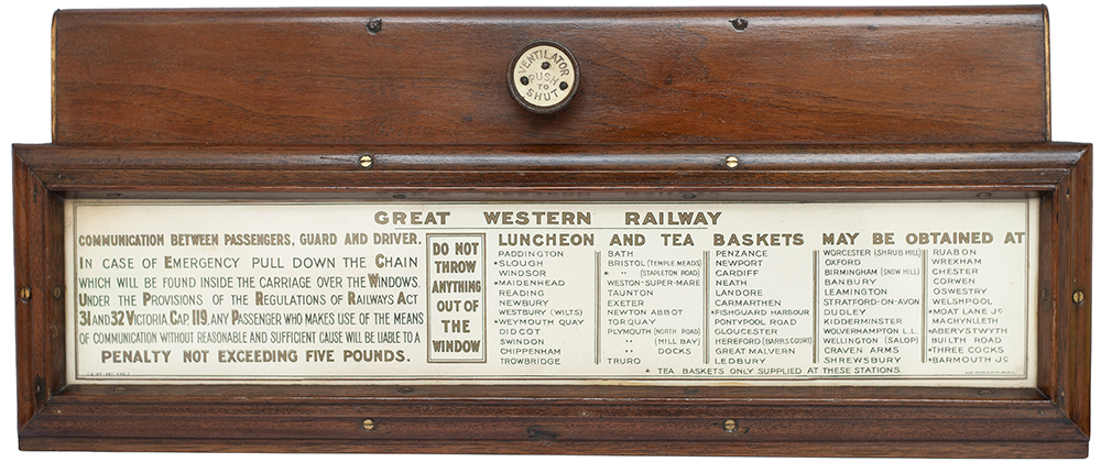 GWR mahogany framed and glazed carriage panel advertising LUNCHEON AND TEA BASKETS in gold print