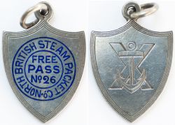 North British Steam Packet Co silver FREE PASS No26. Shield shaped measuring 1.25in tall, in