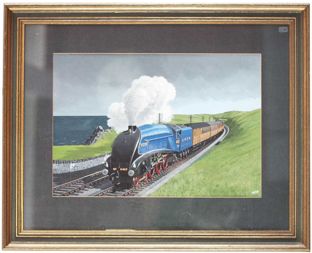 Original painting by Vic Welch of A4 pacific 4-6-2 4467 Wild Swan on a down express near Berwick-