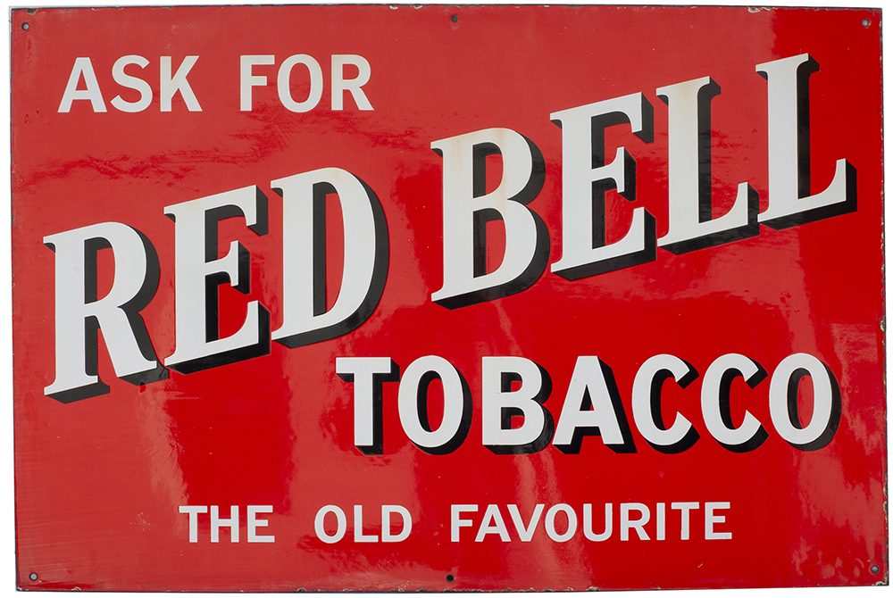 Advertising enamel sign ASK FOR RED BELL TOBACCO THE OLD FAVOURITE. In excellent condition
