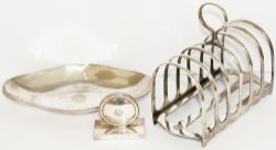 A collection of 3 items of LMS silverplate to include; TOAST RACK base marked Walker and Hall, a