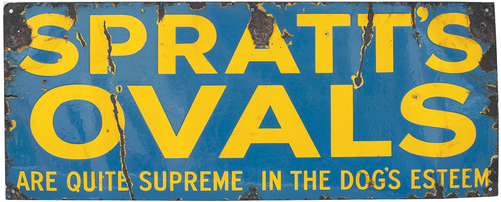 Advertising enamel sign SPRATT'S OVALS ARE QUITE SUPREME IN THE DOG'S ESTEEM. In fair condition with