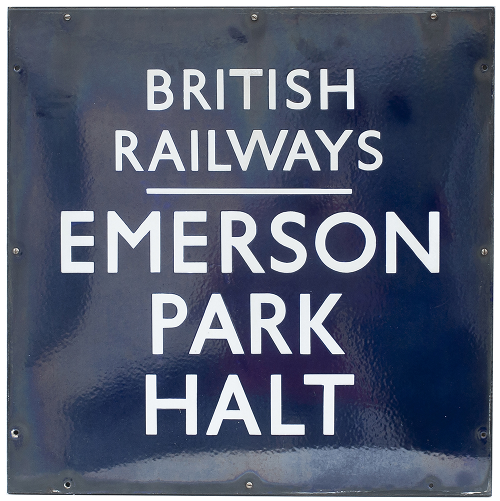 BR(E) enamel station sign BRITISH RAILWAYS EMERSON PARK HALT from the former Midland Railway station