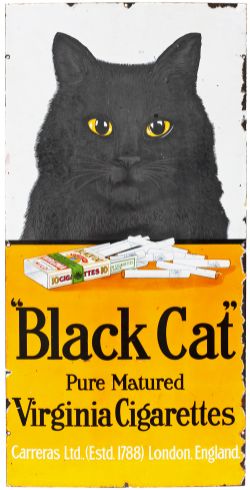 Advertising enamel sign BLACK CAT PURE MATURED VIRGINIA CIGARETTES CARRERAS LTD (EST 1788) LONDON