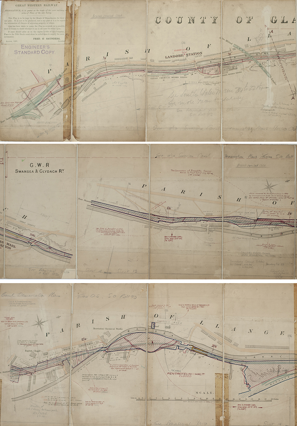 Great Western Railway official hand coloured PLANS for the Swansea & Clydach Railway dated 1881. - Image 2 of 2