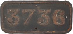 GWR cast iron cabside numberplate 3736 ex Collett 0-6-0 PT built at Swindon in 1937. Allocated to