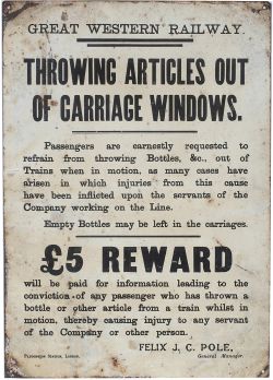 Great Western Railway lithographed tinplate sign THROWING ARTICLES OUT OF CARRIAGE WINDOWS etc.