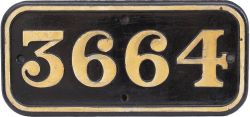 GWR cast iron cabside numberplate 3664 ex Collett 0-6-0 PT built at Swindon in 1940.