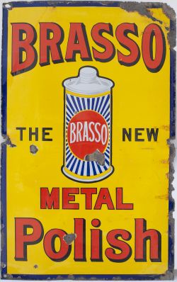 Advertising enamel sign BRASSO THE NEW METAL POLISH. In good condition with a few face chips and