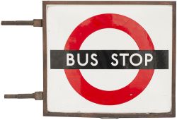 London Transport BUS STOP sign. Double sided in original bronze frame, both sides in very good