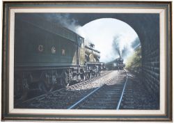 Original painting by Don Breckon title TUNNEL shows GWR castle 5006 Tregenna Castle emerging into