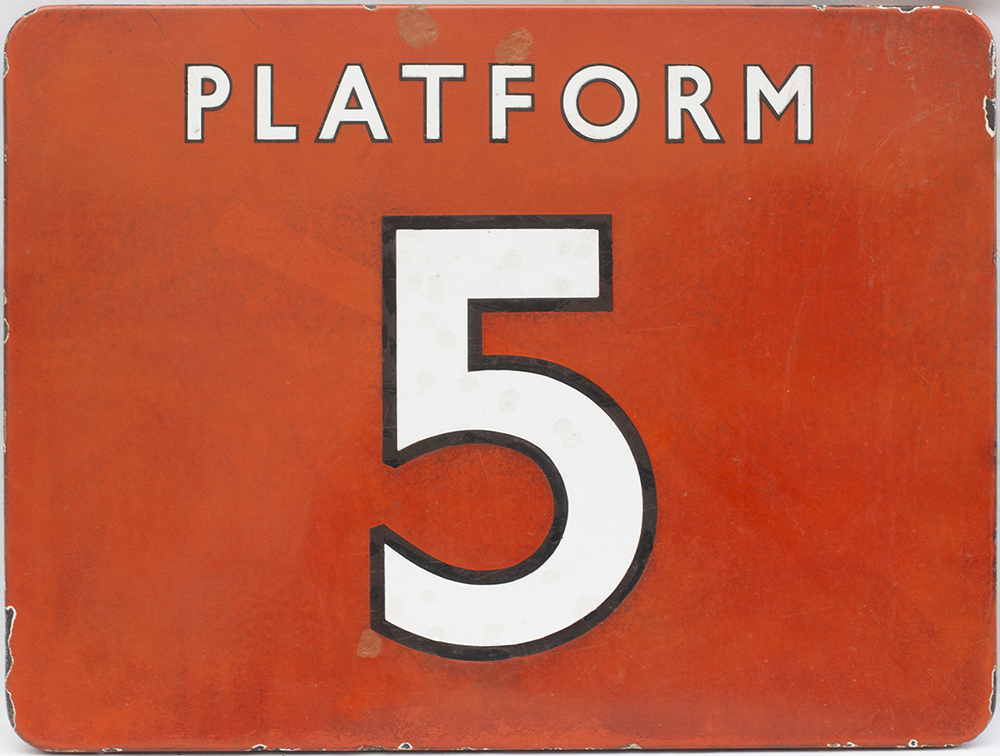 BR(NE) FF enamel station sign PLATFORM 5. In very good condition with black edged letters.