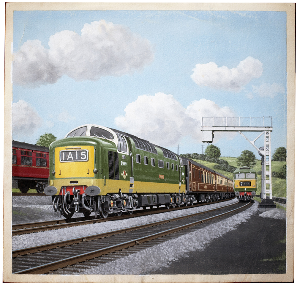Original painting by Vic Welch (Unsigned) of BR Deltic diesel D9009 Alycidon passing a Brush