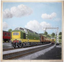 Original painting by Vic Welch (Unsigned) of BR Deltic diesel D9009 Alycidon passing a Brush