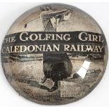 Caledonian Railway advertising domed glass paperweight THE GOLFING GIRL CALEDONIAN RAILWAY A BRAW