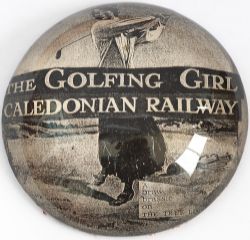 Caledonian Railway advertising domed glass paperweight THE GOLFING GIRL CALEDONIAN RAILWAY A BRAW