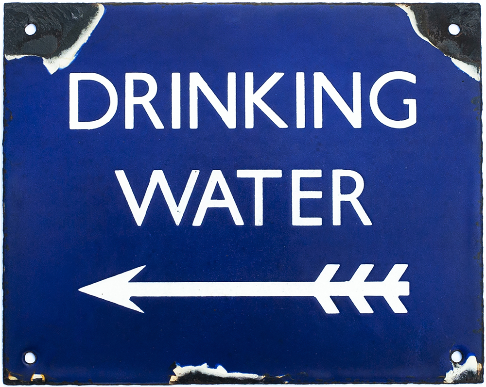 LNER enamel station sign DRINKING WATER with left facing arrow. In good condition with some enamel