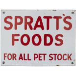 Advertising enamel sign SPRATT'S FOODS FOR ALL PET STOCK. In excellent condition, a small sign