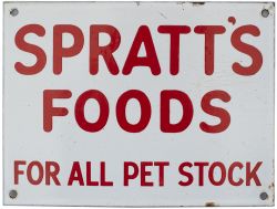 Advertising enamel sign SPRATT'S FOODS FOR ALL PET STOCK. In excellent condition, a small sign