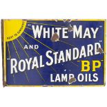Advertising enamel sign WHITE MAY AND ROYAL STANDARD BP LAMP OILS. Double sided with wall mounting