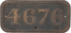 GWR cast iron cabside numberplate 4676 ex Collett 0-6-0PT built at Swindon in 1944. Allocated to