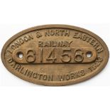 Worksplate LONDON & NORTH EASTERN RAILWAY DARLINGTON WORKS 1923 (1456 chiselled off and replaced