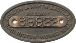 Worksplate LONDON & NORTH EASTERN RAILWAY DARLINGTON WORKS 1925, 9922 erased and with 69922