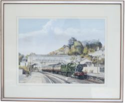 Original painting by Stella Whatley GRA of GWR Hall 4-6-0 5992 Horton Hall at Torre station, painted