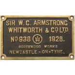 Worksplate SIR W. G. ARMSTRONG WHITWORTH & CO LTD SCOT'S WOOD WORKS NEWCASTLE-ON-TYNE No 938 1928 ex