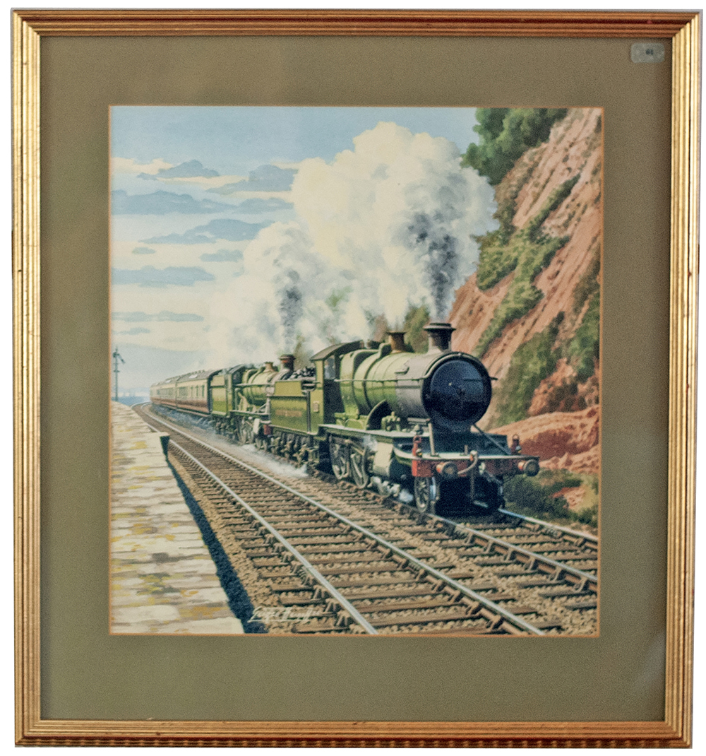 Original painting by George Heiron 1986 of a pair of GWR locomotives by the sea near Dawlish.