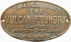 Worksplate THE VULCAN FOUNDRY (LIMITED) NEWTON-LE-WILLOWS LANCASHIRE No 4502 1931 ex Indian