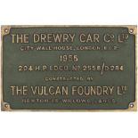 Worksplate THE DREWRY CAR CO LTD CITY WALL HOUSE LONDON EC2 1955 204 H.P. LOCO No 2558/D284