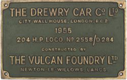 Worksplate THE DREWRY CAR CO LTD CITY WALL HOUSE LONDON EC2 1955 204 H.P. LOCO No 2558/D284