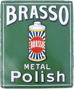 Advertising enamel sign BRASSO METAL POLISH. In very good condition with some restoration to the