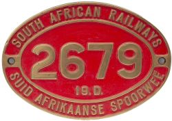 South African Railways brass cabside numberplate 2679 19D ex 4-8-2 built by Fried Krupp in 1939 as