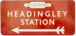 BR(NE) FF enamel direction sign HEADINGLEY STATION with British Railways totem and left facing