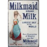 Advertising enamel sign MILKMAID BRAND MILK LARGEST SALE IN THE WORLD. In good displayable condition